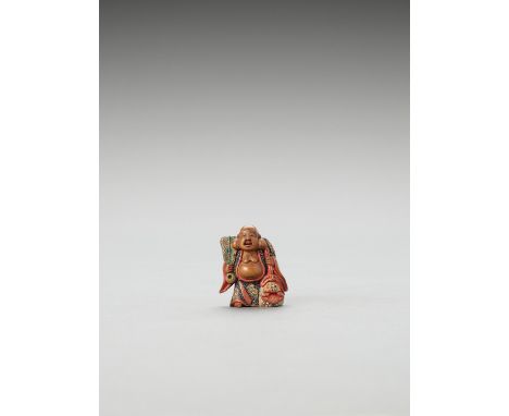   NAGAMICHI SHUZAN: A POLYCHROME WOOD NETSUKE OF A BIZEN WARE CERAMIC MODEL OF HOTEI  By Nagamichi Shuzan, signed Shuzan  Jap