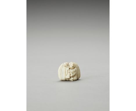   MASATOMO: AN IVORY NETSUKE OF HOTEI WITH TREASURE BAG  By Masatomo, signed Masatomo  Japan, mid-19th century, Edo period (1