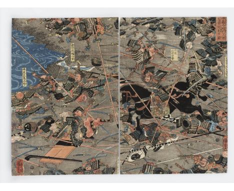   UTAGAWA KUNIYOSHI: A JAPANESE COLOR WOODBLOCK PRINT DIPTYCH OF A BATTLE  By Utagawa Kuniyoshi (1797 - 1861)  Japan, Edo per