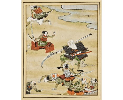   A SMALL JAPANESE PAINTING  Japan, 19th century  A small painting with some gold foil depicting a battle scene, fine detail 