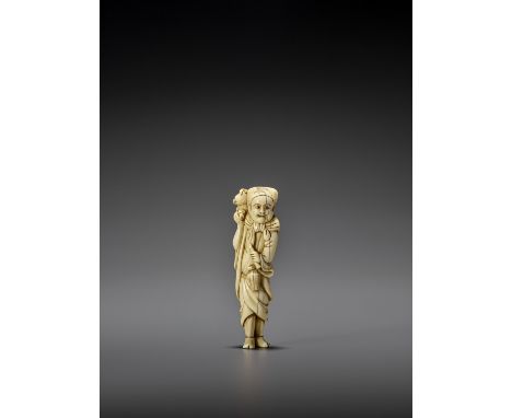   A GOOD TALL IVORY NETSUKE OF A STANDING SARUMAWASHI WITH MONKEY  Unsigned  Japan, 18th century, Edo period (1615-1868)    P