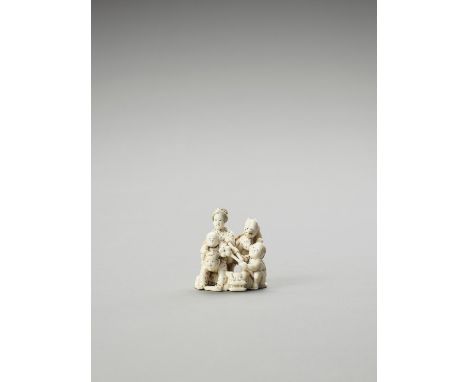   AN IVORY OKIMONO OF A WOMAN AND CHILDREN AT PLAY  Signed  Japan, Meiji period (1868-1912)    The woman standing, two of her