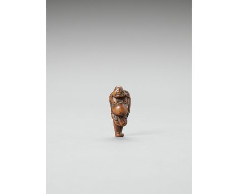   A WOOD NETSUKE OF HOTEI  Unsigned  Japan, 19th century, Edo period (1615-1868)    Depicting the lucky god Hotei standing wi
