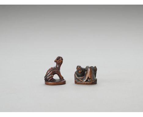   TWO WOOD NETSUKE OF MYTHICAL BEINGS  Unsigned  Japan, 19th century    A netsuke of a suisei, a mythical creature with a sin