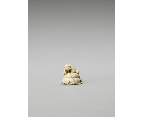   AN AMUSING IVORY NETSUKE OF DAIKOKU WITH RAT AND MOCHI  Unsigned  Japan, Meiji period (1868-1912)    Depicting the lucky go