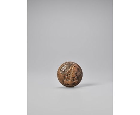   A WOOD MANJU NETSUKE OF A WARRIOR  Unsigned  Japan, 19th century, Edo period (1615-1868)    A two-part wood manju netsuke s