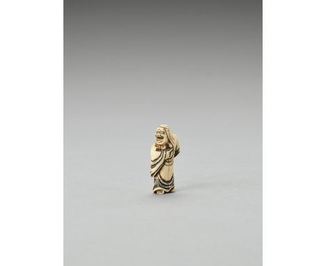   AN IVORY NETSUKE OF DARUMA LAUGHING  Unsigned  Japan, 19th century    The patriarch of Zen Buddhism standing, wearing a lon