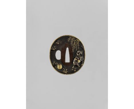   A GOLD AND SILVER-INLAID SHAKUDO TSUBA WITH OX AND BOKUDO  Japan, 19th century, Edo period (1615-1868)    Of tate-maru-gata