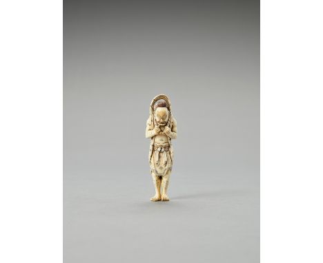   AN IVORY NETSUKE OF A NIO GUARDIAN WITH LARGE WARAJI  Signed  Japan, Meiji period (1868-1912)    The temple guardian standi