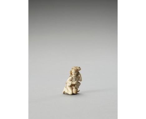   AN IVORY OKIMONO OF GAMA SENNIN WITH TOADS AND SNAKE  Japan, Meiji period (1868-1912)    The immortal kneeling one leg, hol