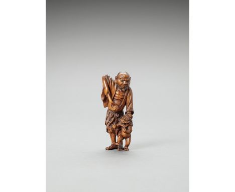   A WOOD NETSUKE OF A SENNIN WITH ONI  Signed  Japan, Meiji period (1868-1912)    The immortal standing, wearing a robe openi