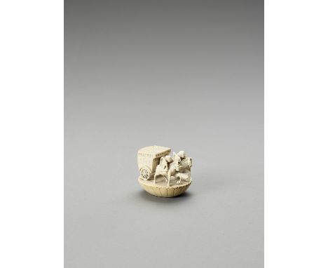   AN IVORY ‘HIDDEN SHUNGA’ NETSUKE-OKIMONO OF MEN ON HORSES PULLING A CARRIAGE  Signed   Japan, 20th century    The two-wheel