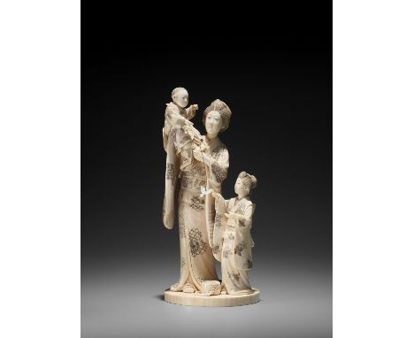   SHINMEI/MASAAKI: A LARGE IVORY OKIMONO OF A BIJIN WITH BOY AND GIRL  By Kimura Yonekichi, signed Shinmei (Masaaki) to  Japa