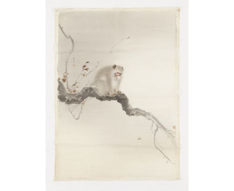   A CHARMING PRINT ON SILK DEPICTING A MONKEY AND WASP  Japan, 20th century    Depicting a monkey seated on a gnarly tree, ey