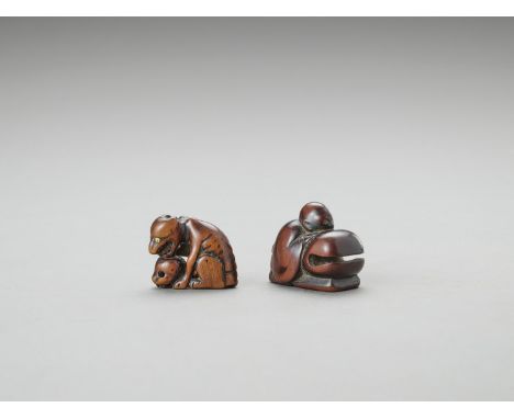   TWO WOOD NETSUKE  Unsigned  Japan, early 19th century, Edo period (1615-1868)    A netsuke of an emaciated wolf with inlaid