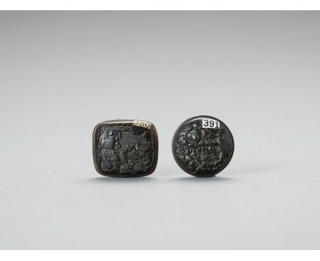   TWO PRESSED HORN MANJU NETSUKE  Unsigned   Japan, 19th century    One manju netsuke of rounded rectangular shape, carved wi