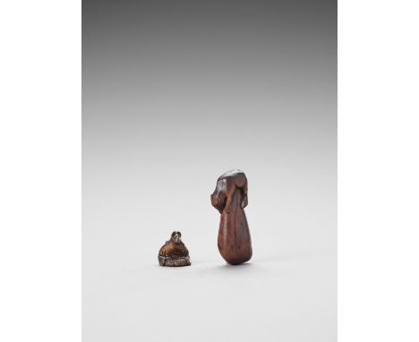   TWO WOOD NETSUKE OF MYTHICAL CREATURES  The tanuki netsuke signed, the other unsigned  Japan, 18th-19th century    An amusi