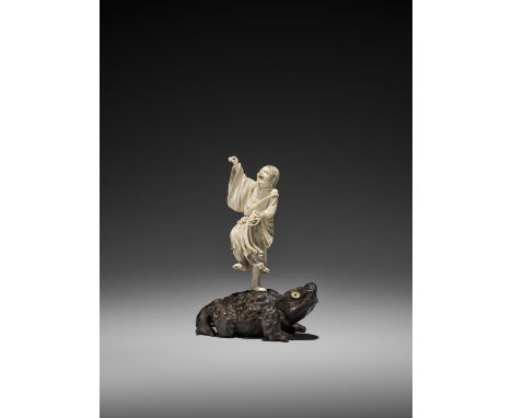   A WOOD AND IVORY OKIMONO OF GAMA SENNIN ON GIANT TOAD  Japan, Meiji period (1868-1912)    The famous hermit Gama sennin is 