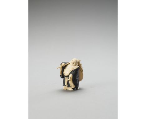   A WOOD AND IVORY OKIMONO OF HOTEI  Signed  Japan, Meiji period (1868-1912)    The Laughing Buddha standing, carrying his cl