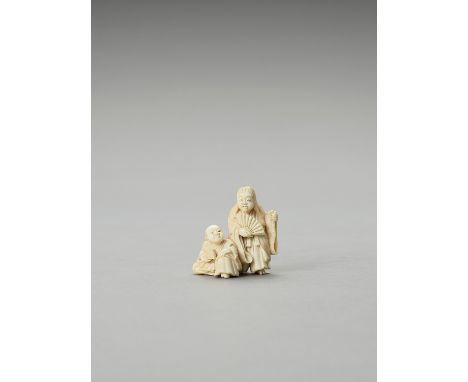   HAKUUNSAI: AN IVORY NETSUKE OF A MAN WITH SHOJO  By Hakuunsai, signed Hakuunsai  Japan, second half of 19th century    Depi