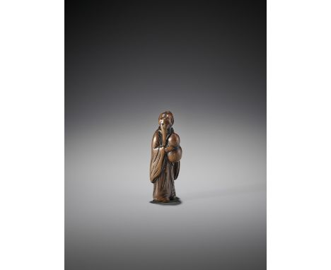  AN EARLY WOOD NETSUKE OF A CHINESE SAGE WITH GOURD  Unsigned  Japan, late 17th to early 18th century, Edo period (1615-1868
