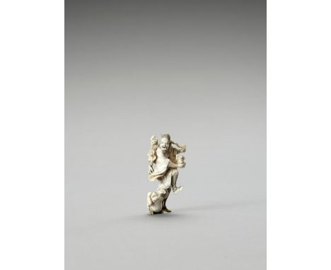   AN IVORY OKIMONO OF GAMA SENNIN WITH MANY TOADS  Signed   Japan, Meiji period (1868-1912)    The immortal wearing a charact