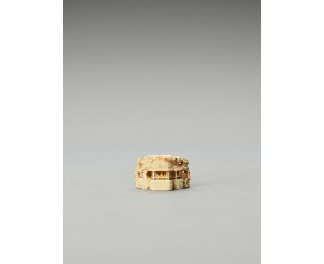   MASATOSHI: AN IVORY NETSUKE OF PAVILIONS ON A ROCK  By Shinkeisai Masatoshi, signed Masatoshi  Japan, 19th century, Edo per