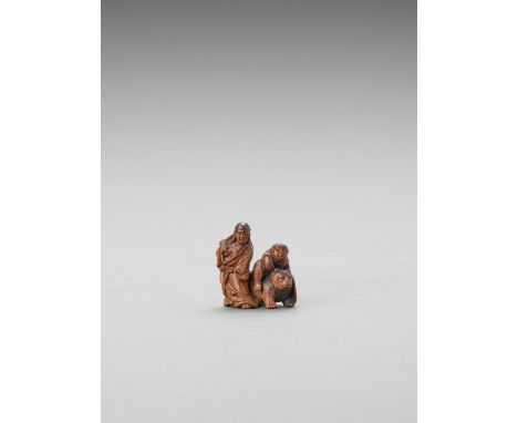   A WOOD NETSUKE OF KINTARO AND YAMAUBA  Unsigned  Japan, Meiji period (1615-1868)    The Golden Boy riding a bear with his y