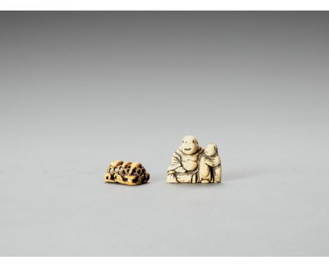   TWO EARLY IVORY NETSUKE  Unsigned  Japan, 18th century, Edo period (1615-1868)    One carved as Hotei with a karako at his 