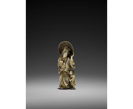   A FINE IVORY OKIMONO OF A BIJIN WITH HER TWO CHILDREN  Japan, Meiji period (1868-1912)    Very finely carved and stained, d