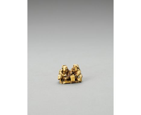   AN IVORY NETSUKE OF DAIKOKU AND EBISU BOOKKEEPING  Signed  Japan, Meiji period (1868-1912)    The god of wealth and the god