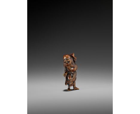   A WOOD NETSUKE OF A SAGE  Unsigned  Japan, late 18th century, Edo period (1615-1868)    A dynamically and powerfully crafte