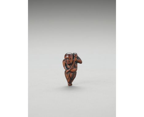  A RARE WOOD NETSUKE OF KENSU OSHO Unsigned Japan, late 18th to early 19th century, Edo period (1615-1868)  Standing, smiling