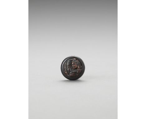   A WOOD MANJU NETSUKE OF BISHAMON  Unsigned  Japan, Meiji period (1868-1912)    Finely carved in relief with neatly incised 