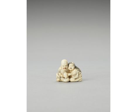   HOMIN: AN IVORY NETSUKE OF FUKUROKUJU AND OKAME DRINKING SAKE  By Homin, signed Homin with kakihan  Japan, Tokyo, Meiji per