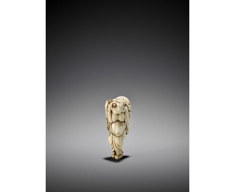   AN IVORY NETSUKE OF HOTEI  Unsigned  Japan, 18th century, Edo period (1615-1868)    An amusing, early ivory netsuke of tria