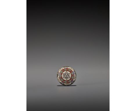   A RARE CLOISONNÉ ENAMEL MANJU NETSUKE  Unsigned  Japan, c. 1860    A rare cloisonné enamel netsuke in perfectly round manju