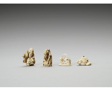   THREE IVORY NETSUKE AND ONE IVORY OKIMONO  Two signed, the others unsigned  Japan, 18th-19th century   One ivory netsuke de