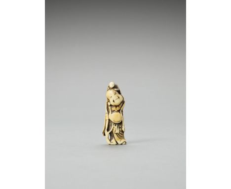   A STAG ANTLER NETSUKE OF HOTEI WITH CHILD  Unsigned  Japan, 18th century, Edo period (1615-1868)    The lucky god Hotei sta