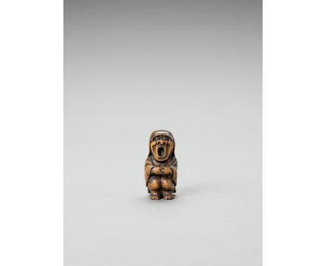   A BOXWOOD NETSUKE OF DARUMA YAWNING  Unsigned  Japan, Meiji period (1868-1912)    The netsuke carved from boxwood with acce
