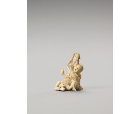   DOSAI: AN AMUSING IVORY NETSUKE OF A BOY WITH A BROKEN BASKET OF PERSIMMONS  Japan, Meiji period (1868-1912)    The boy fin