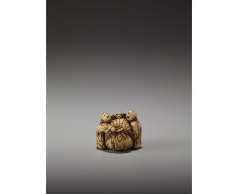   A VERY RARE 17TH CENTURY IVORY NETSUKE OF TWO CHINESE BOYS WITH HOTEI’S SACK  Unsigned  Japan, 17th century, Edo period (16