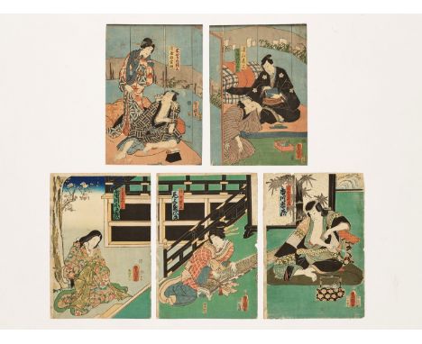   KUNISADA: ONE DIPTYCH AND ONE TRIPTYCH ORIGINAL COLOR WOODBLOCK PRINT  By Utagawa Kunisada  Japan, c. 1859 and 1861    The 