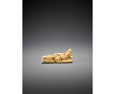   AN EARLY IVORY NETSUKE OF A RECLINING BUGAKU DANCER  Unsigned  Japan, late 17th century, Edo period (1615-1868)    Publishe