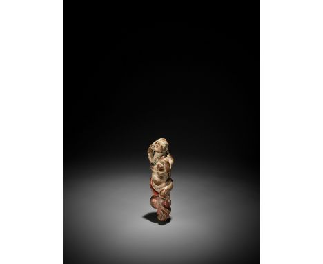   A RARE AND LARGE SAISHIKI NETSUKE OF AN AMA WITH AMOROUS OCTOPUS  Unsigned  Japan, Osaka, late 18th to early 19th century, 