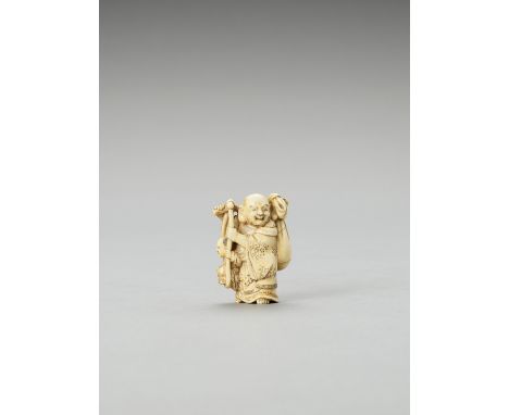   TOMOAKI: AN IVORY NETSUKE OF HOTEI CARRYING A KARAKO  By Tomoaki, signed Tomoaki  Japan, Edo, mid-19th century, Edo period 