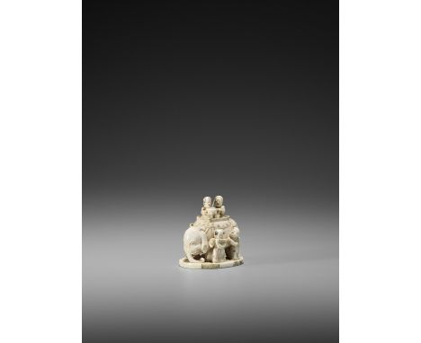   AN IVORY OKIMONO-NETSUKE OF A GROUP OF BOYS WITH ELEPHANT  Signed  Japan, late 19th century, Meiji period (1868-1912)   Dep