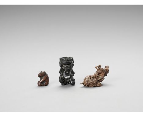   TWO WOOD NETSUKE AND ONE ROOT WOOD CARVING  Unsigned  Japan, 18th-19th century, Edo period (1615-1868)    An ebony wood net