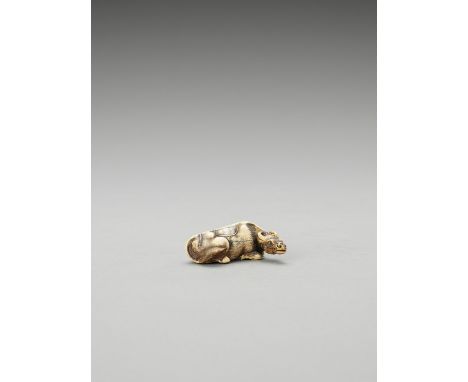   YOSHINAGA: A FINE IVORY NETSUKE OF A RECUMBENT OX  By Yoshinaga, signed Yoshinaga  Japan, Kyoto, late 18th century, Edo per