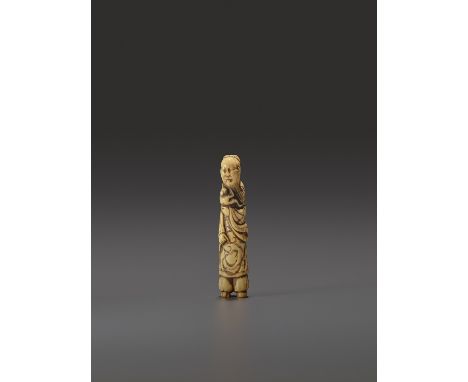   A RARE IVORY NETSUKE OF A SENNIN WITH MONKEY  Unsigned  Japan, early to mid-18th century, Edo period (1615-1868)    A slend